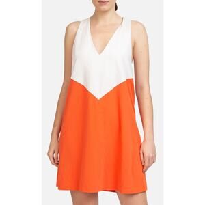 EUC Alice + Olivia Maya Trapeze Colorblock Orange White Mini Dress Sz S Plunge